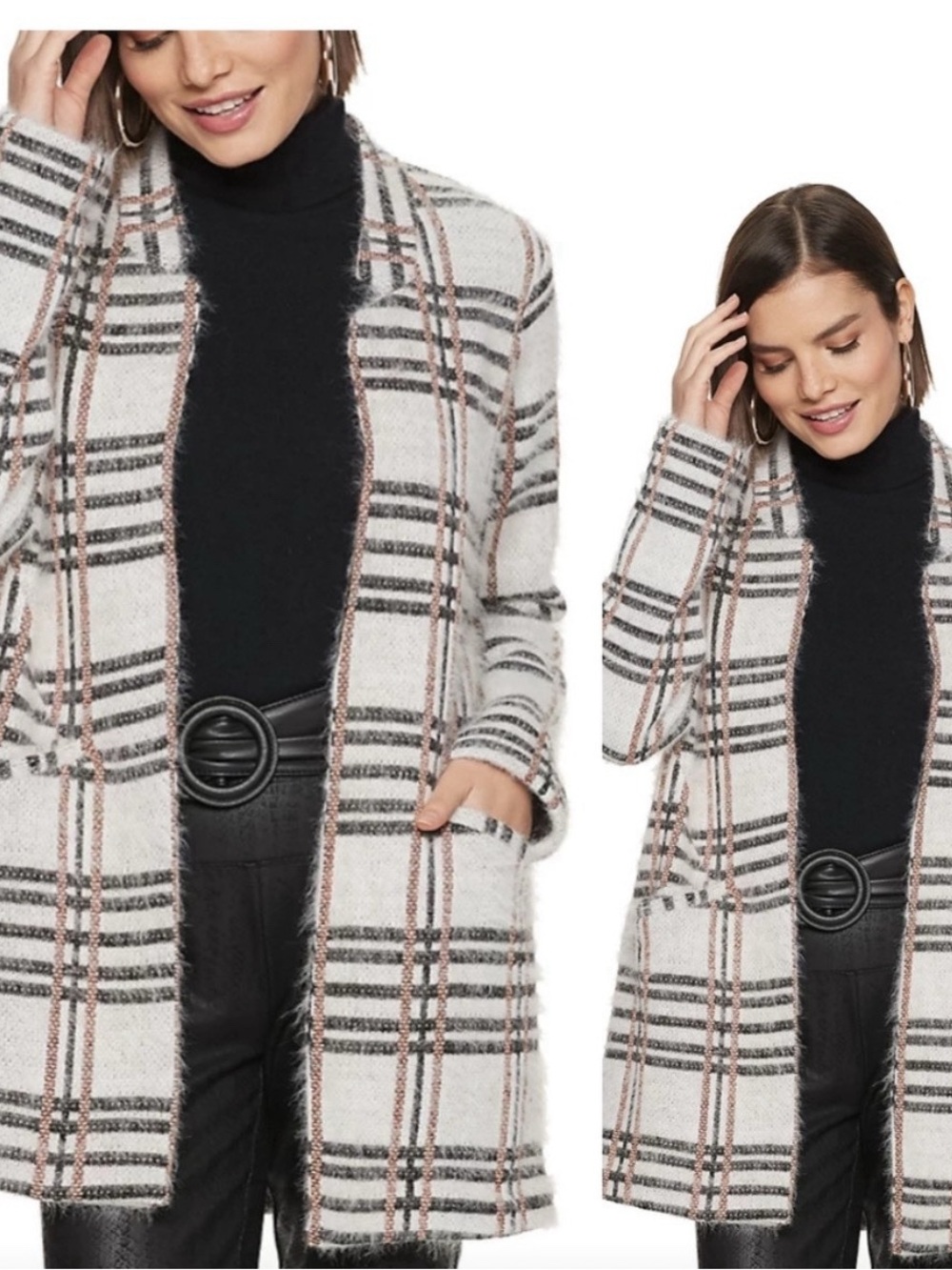 Apt. 9 Cream and Black Plaid Fuzzy Knit Cardigan
